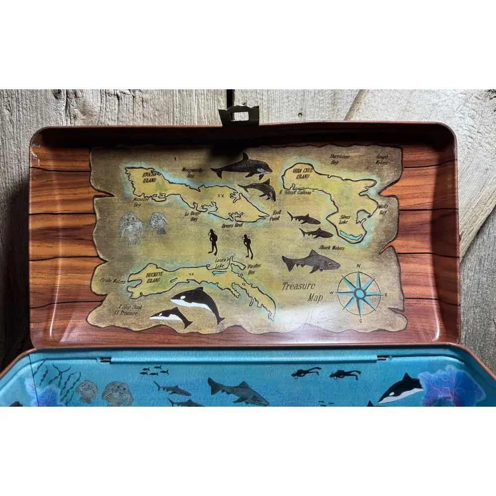 Rare Vintage Tin Litho Treasure Box Hand Painted Metal Pirate Chest Booty